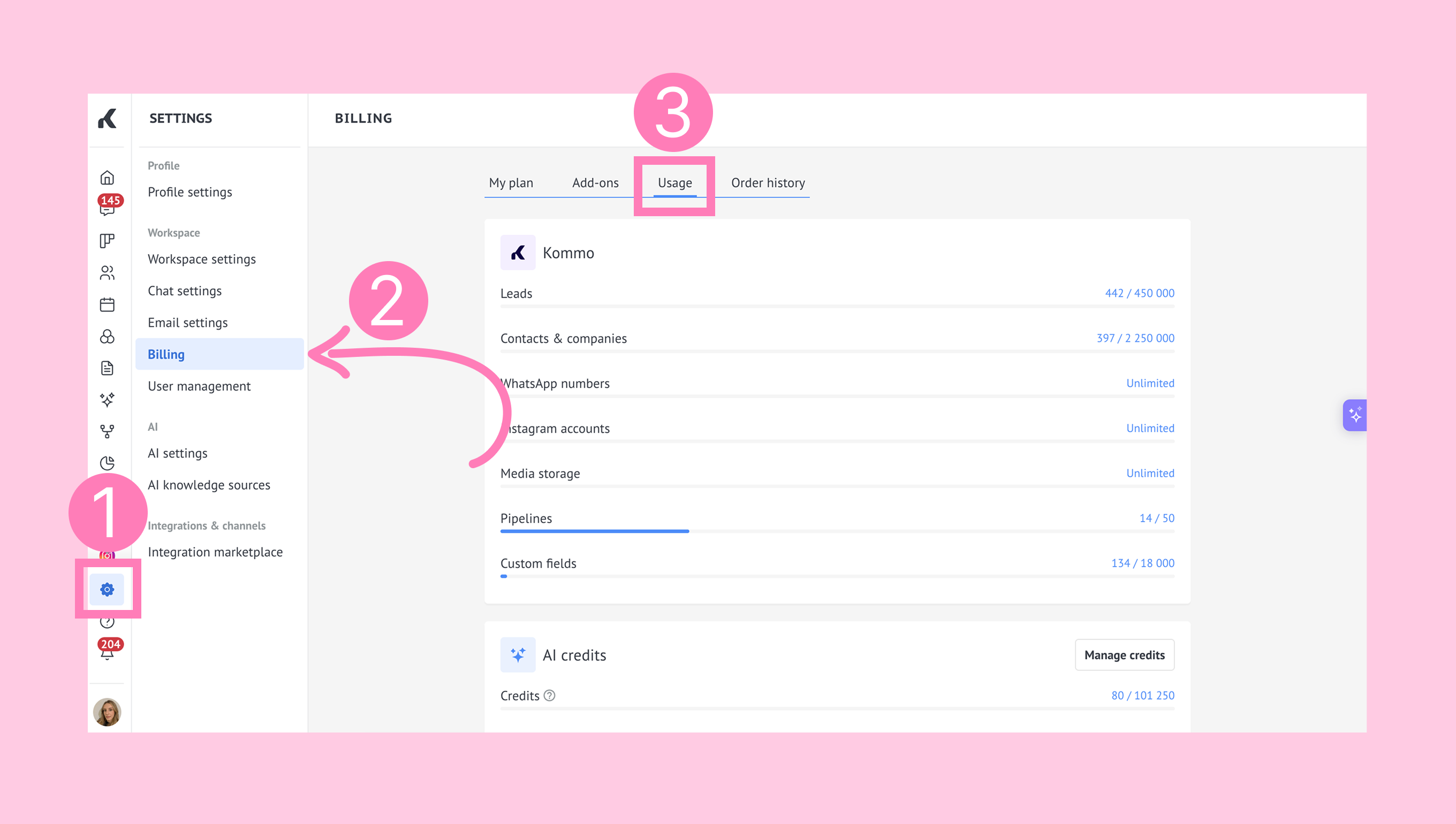 Kommo billing usage tab showing AI credit details.